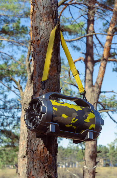 istock Outdoor Portable Wireless Bluetooth Speaker With Subwoofer Big hanging on tree in the forest. 1282425730