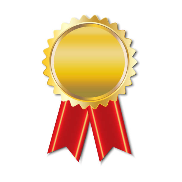 istock Gold blank medal with red ribbon. Winner's medallion. First place prize. Champion symbol. Vector illustration. Stock image. 1282426574