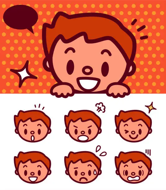 Vector illustration of Facial expression (Emoticons) of a cute boy holding a blank sign