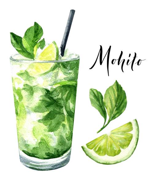 ilustrações de stock, clip art, desenhos animados e ícones de watercolor mojito cocktail isolated on white background. hand drawn drink illustration. - food illustration and painting painted image mint