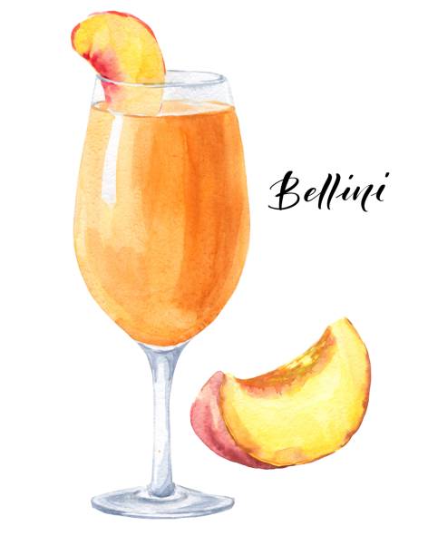 beyaz arka plan üzerinde izole şeftali dilimi ile suluboya bellini kokteyl. suluboya içecek illüstrasyon. - bellini kokteyli stock illustrations