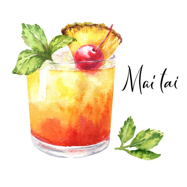 akwarela mai tai koktajl wyizolowany na białym tle. ręcznie rysowana ilustracja napoju. - food illustration and painting painted image mint stock illustrations