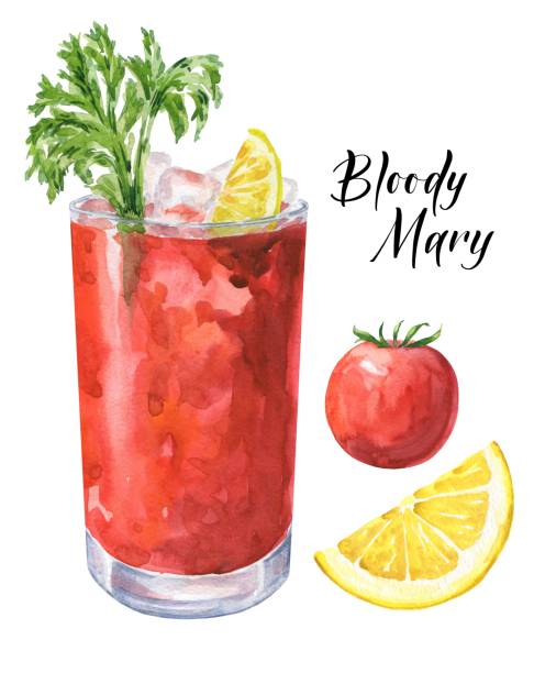 Watercolor Bloody Mary cocktail with tomato and lemon slice isolated on white background. Watercolour drink illustration. Watercolor Bloody Mary cocktail with tomato and lemon slice isolated on white background. Watercolour drink illustration. bloody mary stock illustrations