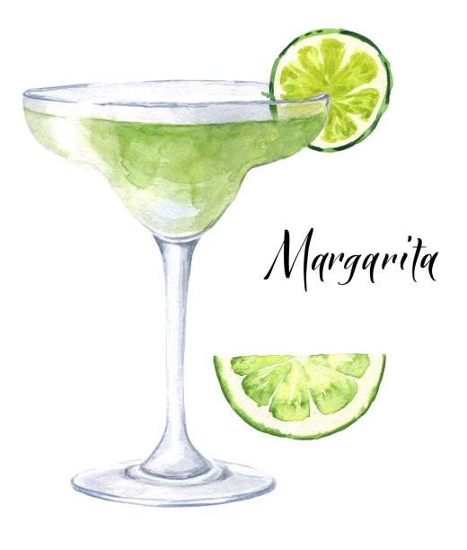 ilustrações de stock, clip art, desenhos animados e ícones de watercolor margarita cocktail with lime slice isolated on white background. watercolour drink illustration. - food illustration and painting painted image mint