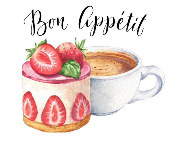 акварелей клубничный торт с чашкой кофе и каллиграфией сценария bon appetit на белом фоне. иллюстрация еды. - bon appetite stock illustrations