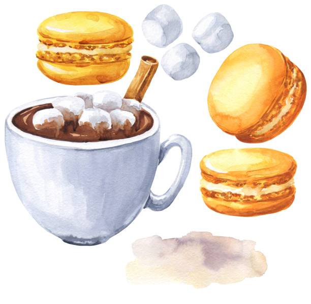 istock Hot chocolate watercolor illustration with cinnamon, marshmallow and pumpkin spice macaroons isolated on white background. Fall season watercolour food set illustration. 1282433202