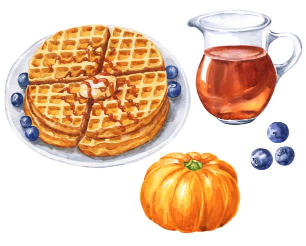 akwarelowe gofry przyprawowe z dyni z syropem klonowym i jagodami wyizolowane na białym tle. akwarelowe desery jesienne, ilustracja kulinarna. - waffle breakfast syrup plate stock illustrations