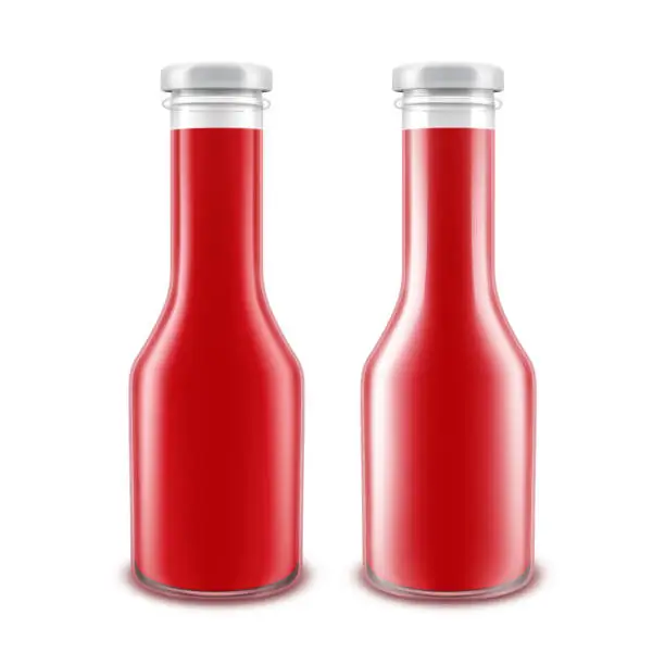 Vector illustration of Vector Set of Blank Glass Glossy Red Tomato Ketchup Bottle for Branding without label Isolated on White Background