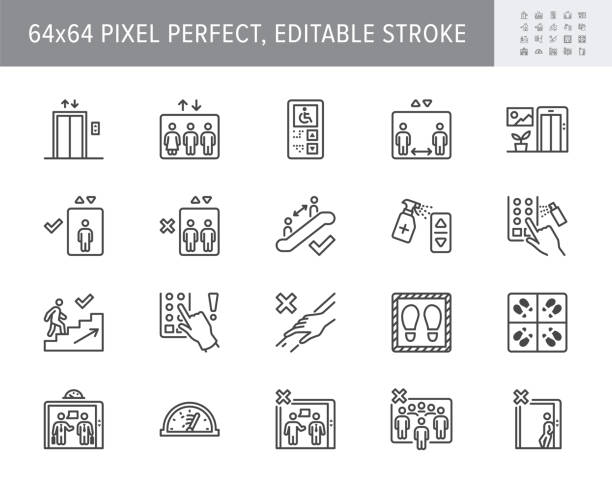 エレベーターのピッチラインアイコン。ベクターイラストは、社会的距離アイコンを保つ、リフトボタンを消毒、手すりの輪郭ピクトグラムコロナウイルス防止に触れないように。64x64ピク� - interface icons push button button control panel点のイラスト素材／クリップアート素材／マンガ素材／アイコン素材