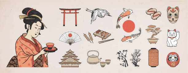 ilustrações, clipart, desenhos animados e ícones de conjunto de elementos de design japoneses. ilustração da mulher gueixa. ilustração vetorial desenhada à mão. - black dishware sushi isolated