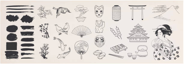 ilustrações, clipart, desenhos animados e ícones de cenário de rabisco japonês. elementos de design tradicionais japoneses. ilustração vactor desenhada à mão. - black dishware sushi isolated
