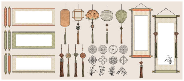 ilustrações de stock, clip art, desenhos animados e ícones de chinese hanging scrolls / oriental vintage asian scrolls /asian lanterns / traditional patterns. - típico oriental