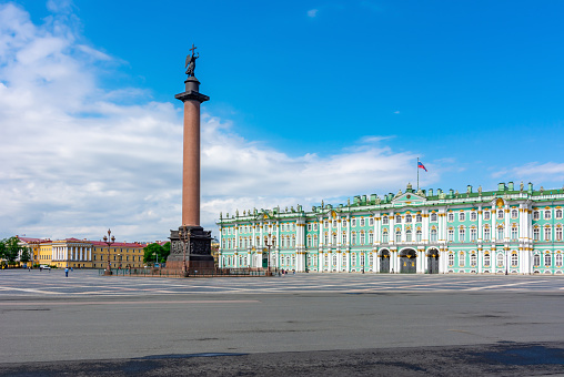 Saint Petersburg, Russia - June 2020: Winter Palace (Hermitage museum) and Alexander column on Palace square
