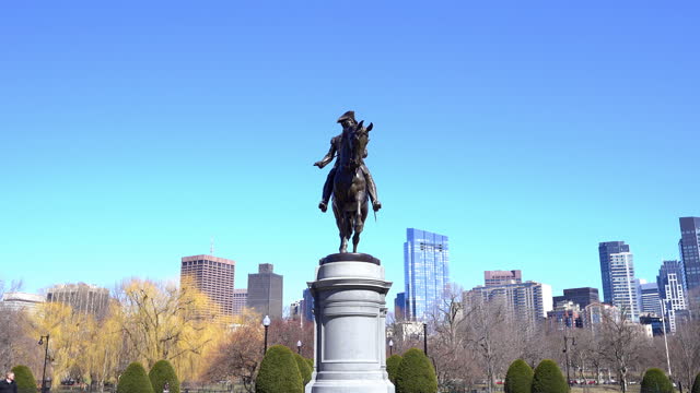 Film Tilt George Washington Statue at Boston Common Park, MA USA.