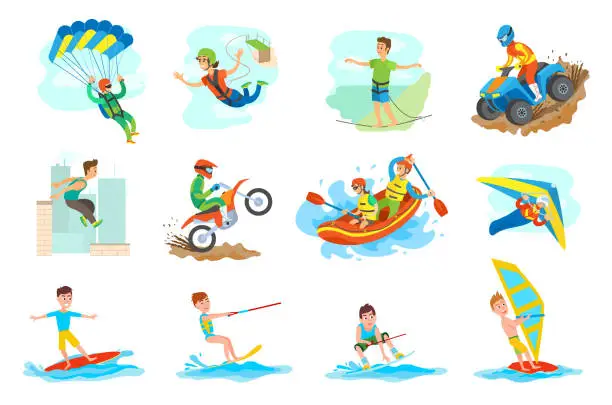Vector illustration of Water Fun and Extreme Sports Set of People Hobby