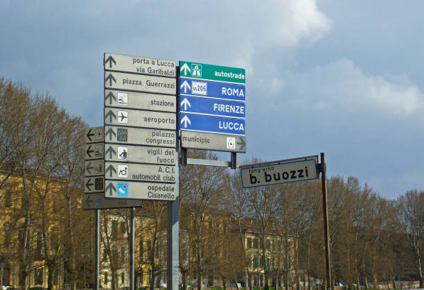 Road signs on the street. Indicate the direction on the highway to Rome, Florence, Lucca (cities in Italy). Pisa, Italy. April, 07, 2005 florence italy airport stock pictures, royalty-free photos & images