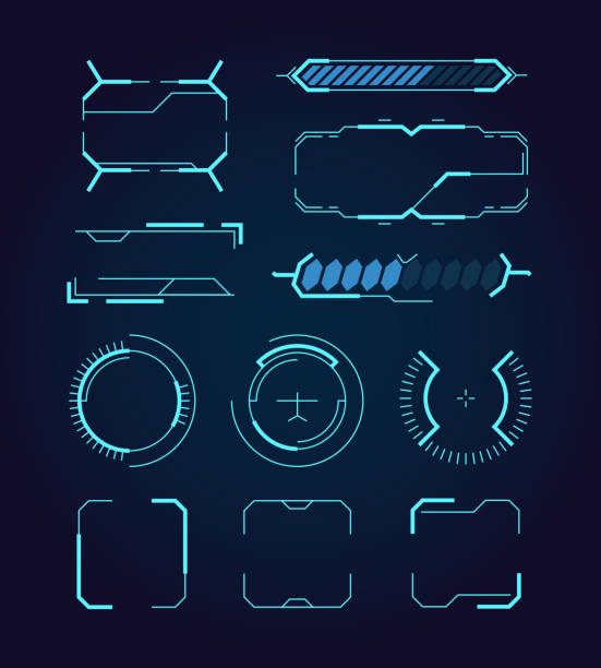 Sci fi ui. Hud web futuristic elements modern space game signs callouts digital dividers frames hologram symbols vector Sci fi ui. Hud web futuristic elements modern space game signs callouts digital dividers frames hologram symbols vector. Futuristic technology graphic, digital illustration template for interface infographics design bar stock illustrations