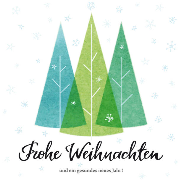 "Merry Christmas" card in german with Christmas Trees. Vector illustration. "Frohe Weihnachten & gesundes neues Jahr" illustration with watercolor christmas trees and snowflakes. german culture illustrations stock illustrations