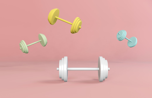 3d pastel colored dumbbells on pink background. Sport workout concept. Horizontal composition with copy space.
