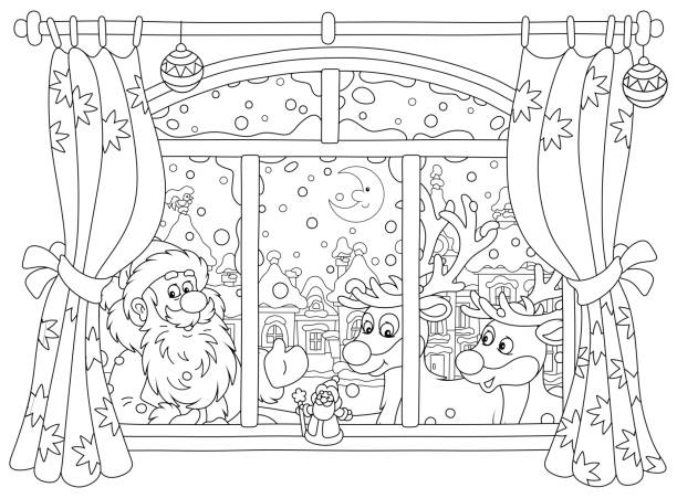 Santa and reindeer peeping into a room Old magician and his magic reindeer looking through a window with curtains into a house on the snowy night before Christmas in a snow-covered small town, black and white vector cartoon illustration coloring book page illlustration technique illustrations stock illustrations