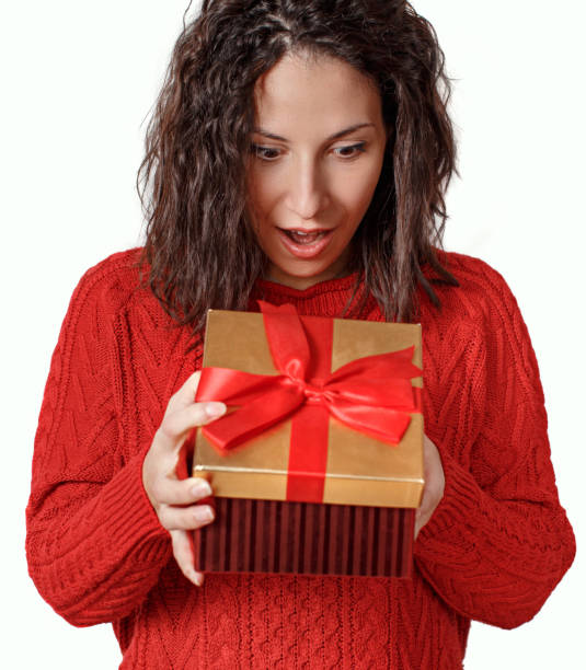 istock Surprised young woman opening Gift box close up 1282440634