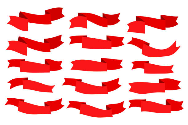 ilustraciones, imágenes clip art, dibujos animados e iconos de stock de conjunto de cintas planas rojas aisladas sobre fondo blanco. ilustración vectorial de banner de cinta. encaje de acuarela. - paper lace isolated on red white