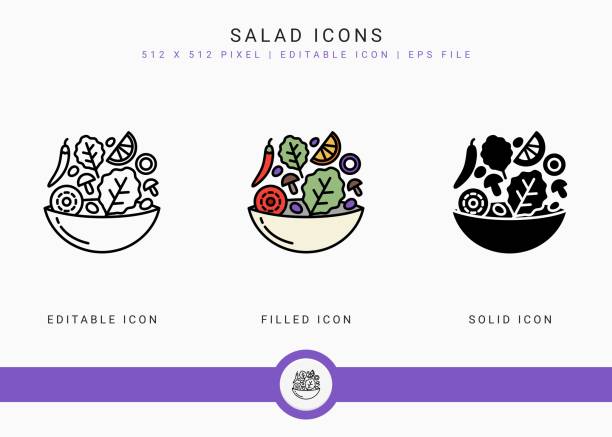 샐러드 아이콘은 솔리드 아이콘 라인 스타일로 벡터 일러스트레이션을 설정합니다. 건강한 다이어트 식품 개념. - food stock illustrations