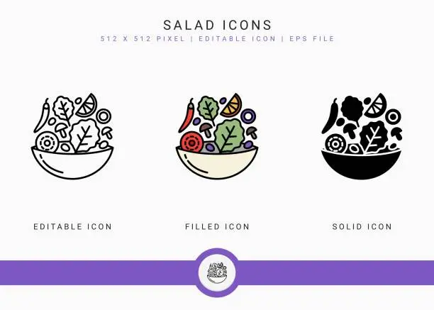 Vector illustration of Salad icons set vector illustration with solid icon line style. Healthy diet food concept.