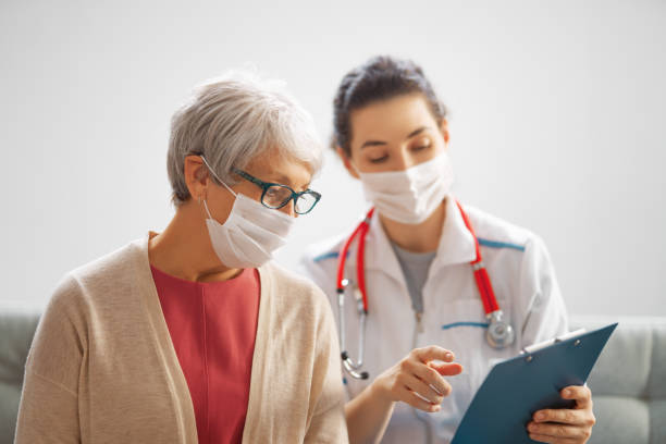 istock Doctor and senior woman wearing facemasks 1282441022