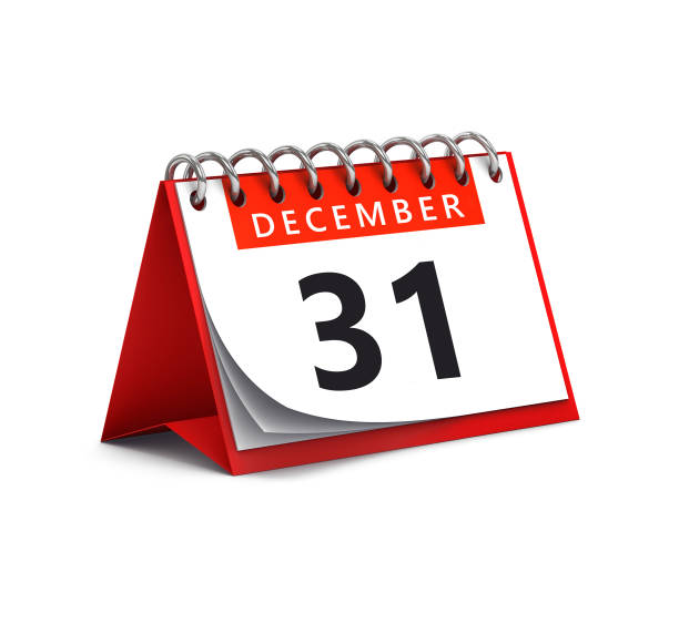 3D rendering of red desk paper December 31 date - calendar page 3D rendering of red desk paper December 31 date - calendar page december 31 stock pictures, royalty-free photos & images