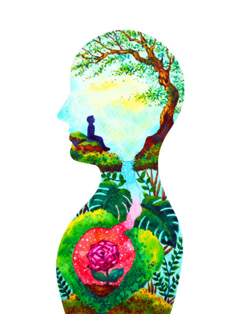 geist spirituellen menschlichen kopf psychische gesundheit aquarell malerei illustration design handzeichnung - mind body stock-grafiken, -clipart, -cartoons und -symbole