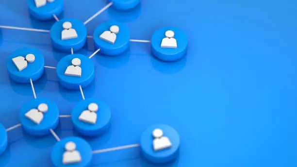 Blue social network connecting people icon. 3d rendering
