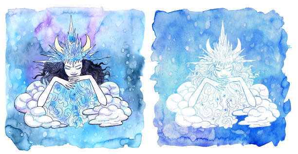 символ зодиака скорпиона. девушка в ледяной короне в качестве зимней королевы на окрашенном синем фоне со снегом. - snow maiden stock illustrations