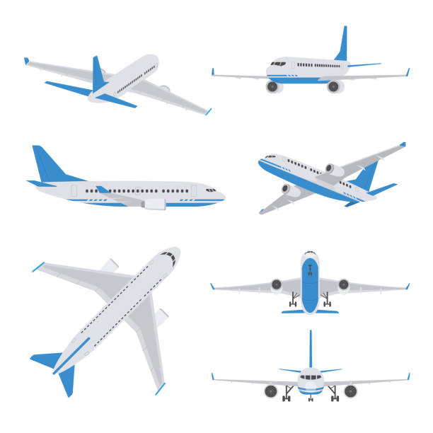 ilustraciones, imágenes clip art, dibujos animados e iconos de stock de aviones de pasajeros en diferentes puntos de vista. conjunto de avión en estilo plano - wing airplane sky jet