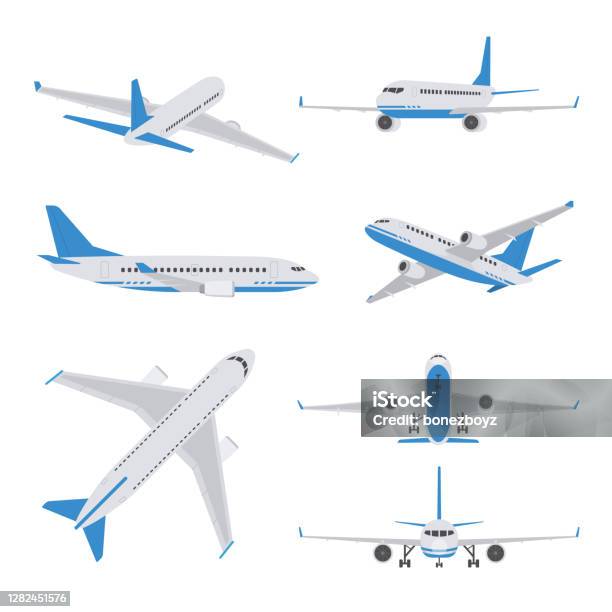 Ilustración de Aviones De Pasajeros En Diferentes Puntos De Vista Conjunto De Avión En Estilo Plano y más Vectores Libres de Derechos de Avión