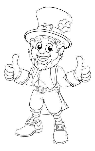 Leprechaun St Patricks Day Cartoon Character A leprechaun St. Patrick s day cartoon character in black and white outline like a colouring book page cute leprechaun stock illustrations