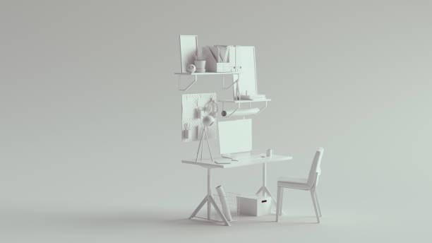 istock White Home Office Tiny Desk with Shelves and Wall Planners Simple Setup 1282452836