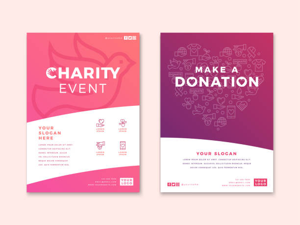 Charity and donation poster design templates. Charity and donation poster design templates with vector line icon elements set in heart form. Card flyer poster illustration with your text for volunteer center, fundraising event, organization. flyer leaflet stock illustrations