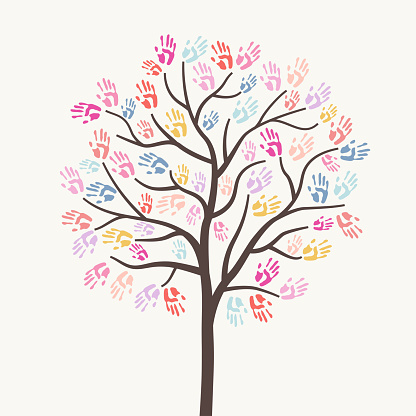 Charity illustration with tree created by handprints. Charity care, help. Donate, giving money. Vector illustration, flat style design.