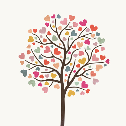 Charity illustration with tree created by hearts. Charity care, help. Donate, giving money. Vector illustration, flat style design.