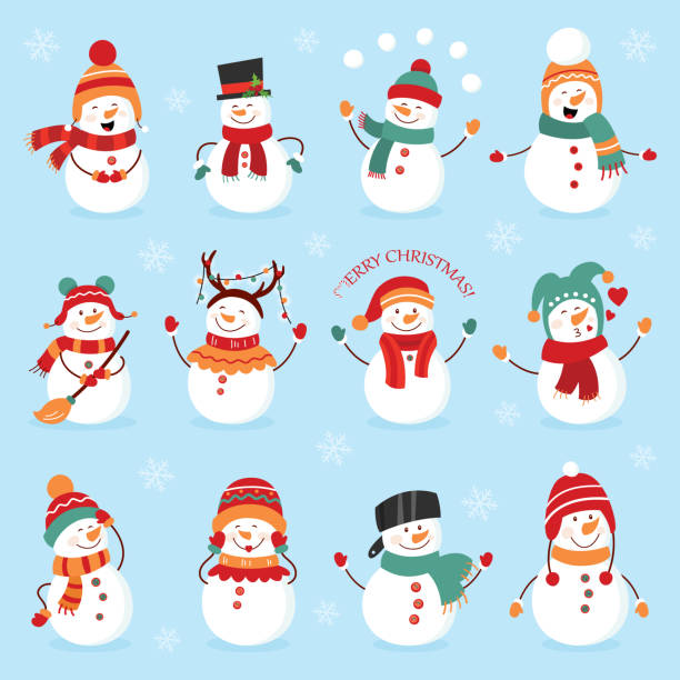 satz winterliche feiertage schneemann. fröhliche schneemänner in verschiedenen kostümen. schneemann koch, zauberer, schneemann mit süßigkeiten und geschenke - schneemann stock-grafiken, -clipart, -cartoons und -symbole