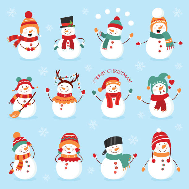 Set of winter holidays snowman. Cheerful snowmen in different costumes. Snowman chef, magician, snowman with candy and gifts Set of winter holidays snowman. Cheerful snowmen in different costumes. Snowman chef, magician, snowman with candy and gifts. snowman stock illustrations