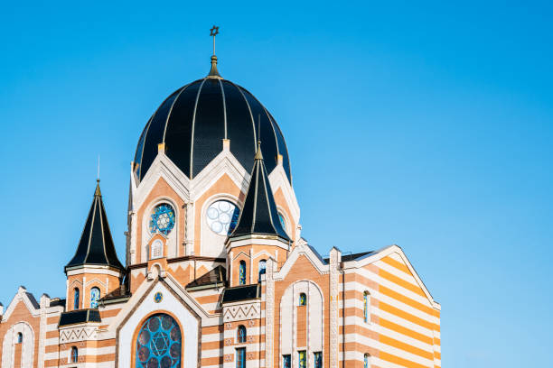 Synagogue of Kaliningrad on the clear blue sky background.