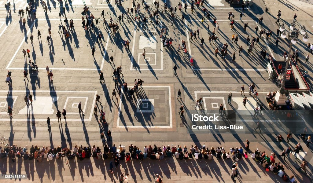 Aerial View of People Crossing. Social Distancing concept. Aerial View of People Crossing in Milan, Italy. Milan Stock Photo
