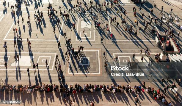 Aerial View Of People Crossing Social Distancing Concept Stock Photo - Download Image Now
