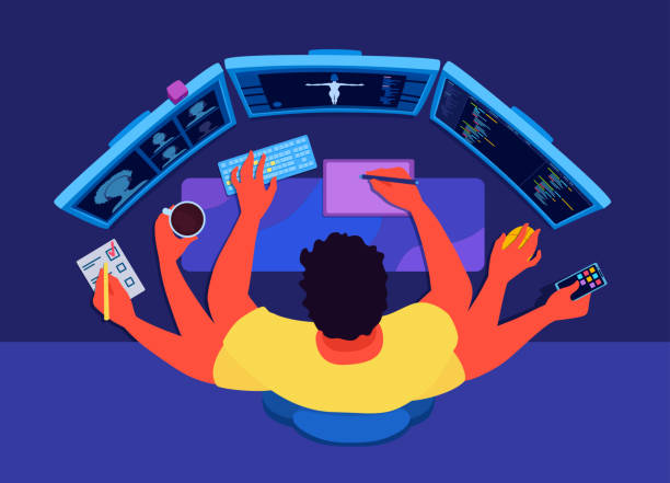 An Indie Developer Programmer With Many Hands Doing All Work By Himself A  Freelancer Working At Home Drawing Programming A Video Game A Multitasking  Concept A View From Above Stock Illustration -