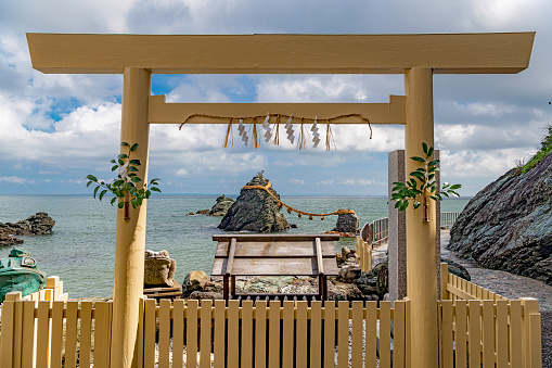 Ise, Mie, Japan - September 6 2019 : Scenery of the Futamiokitama-jinja Shrine. It is known for Meotoiwa on the coast of the precincts.