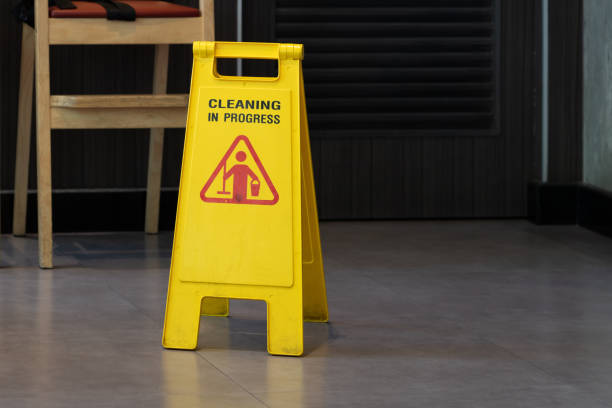 istock cleaning in progress sign on floor. wet sign floor caution in restaurant. 1282460819