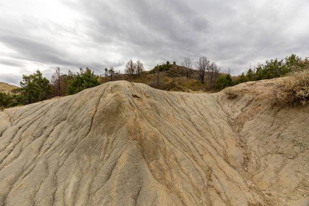 Close-up view of rugged hills in North Dakota's Theodore Roosevelt National Park.