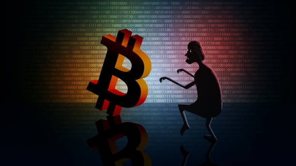 istock Bitcoin cryptocurrency theft concept with a silhouette of a thief sneaking towards a coin on a dark digital background. Vector EPS10. 1282462571